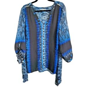 NY Collection 1X Womens Blue Printed Sheer Tunic Blouse Top Plus 1X Angled Sides